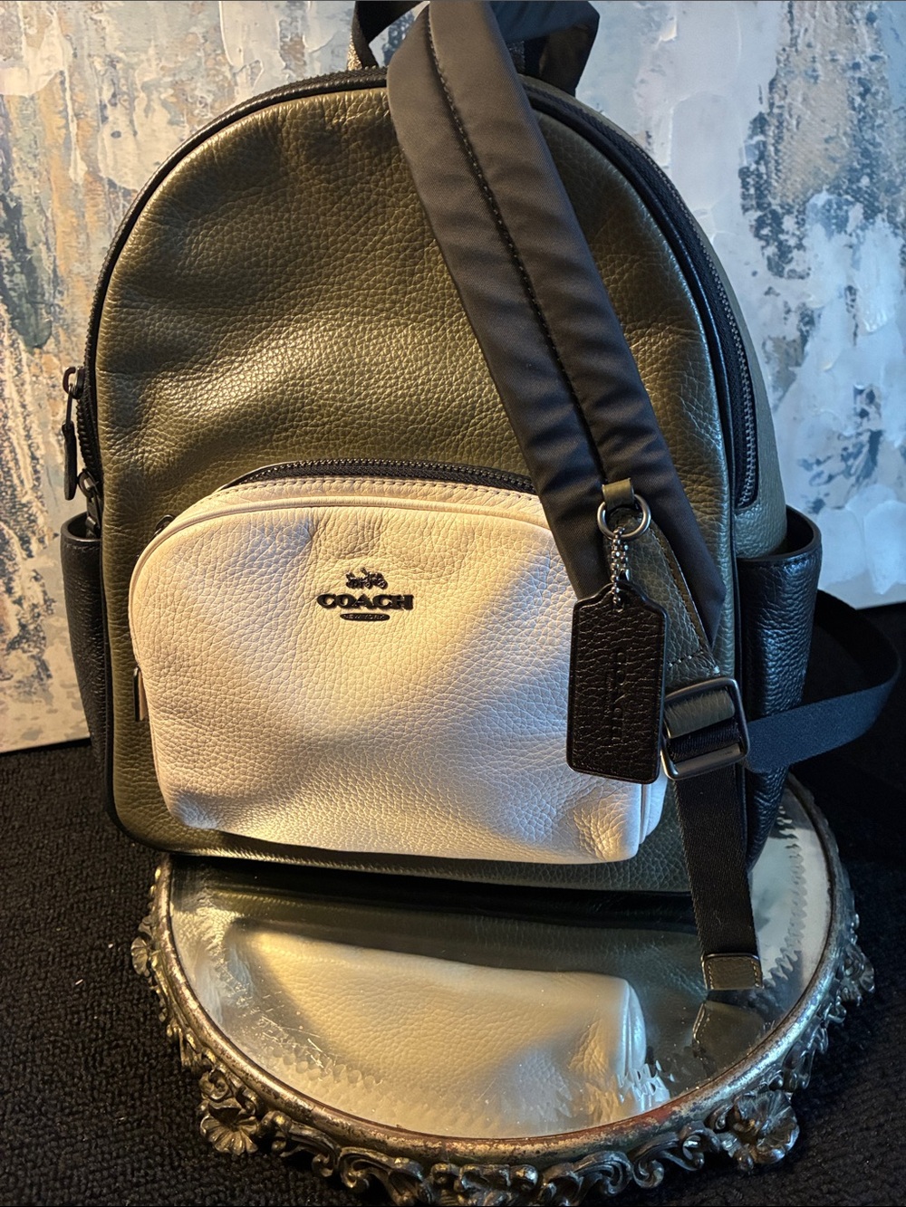 Genuine Coach  Court Olive Green & White Pebbled Leather Backpack